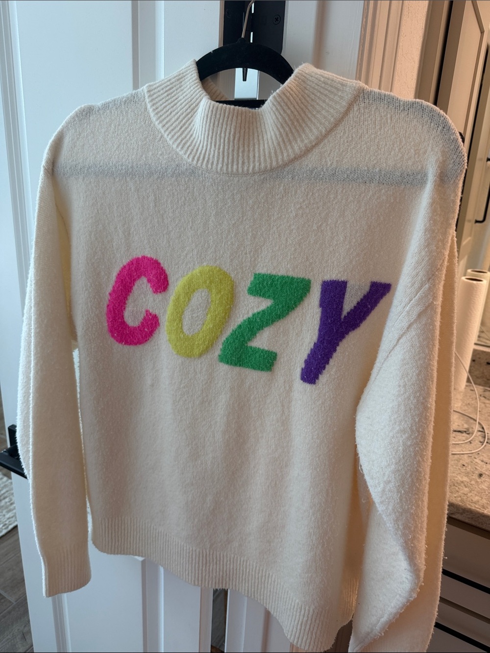 a new day Cream Turtleneck Sweater with Multicolor "COZY" Lettering